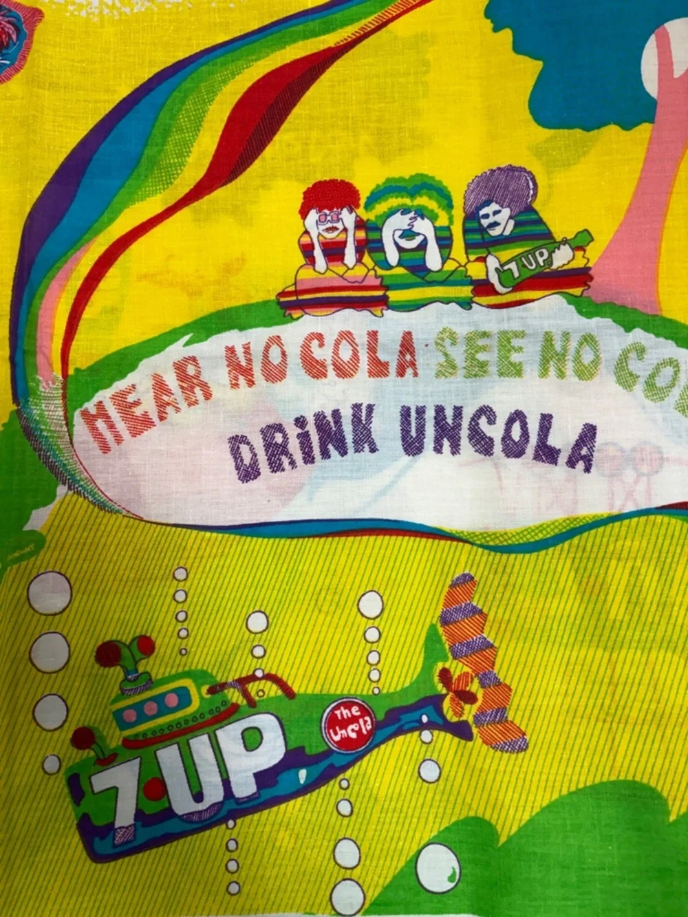 RARE 1970s 7-Up Fabric - 2 Yards Pop Art Novelty Print